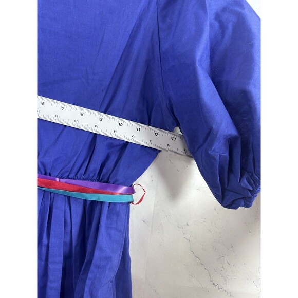 Vintage 70s Prairie Dress Kids Girls Sz 10 cottagecore Folk Blue Novelty Ribbon - Picture 6 of 16